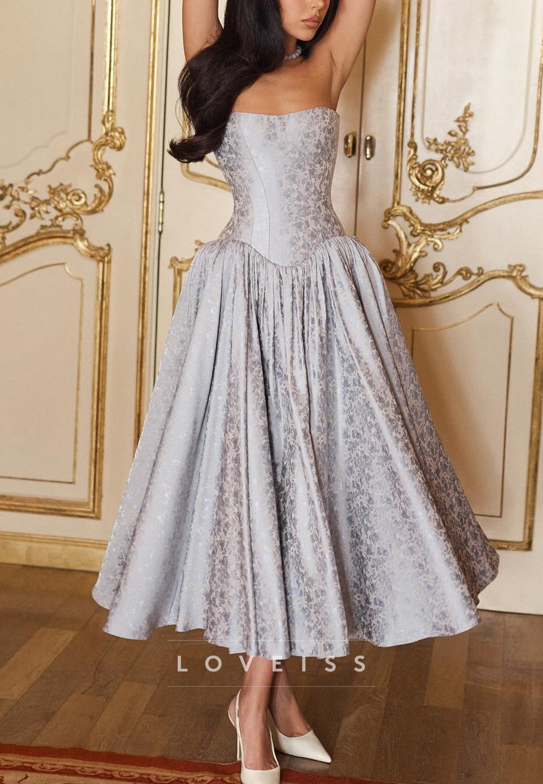 Strapless Corset Jacquard A-Line Midi Dress