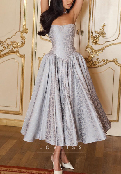 Strapless Corset Jacquard A-Line Midi Dress