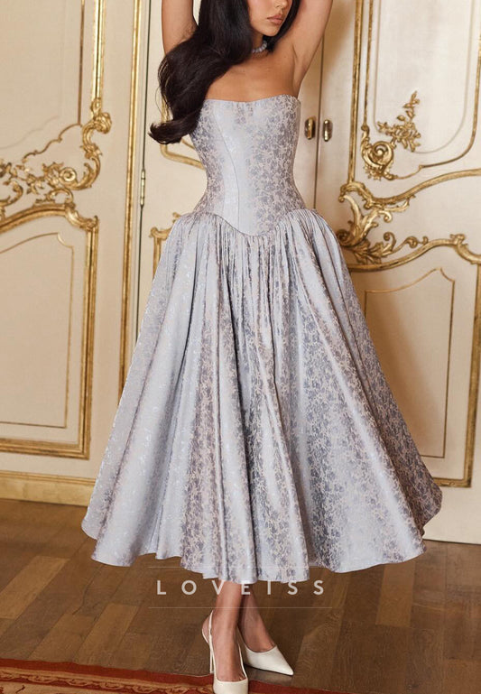 Strapless Corset Jacquard A-Line Midi Dress