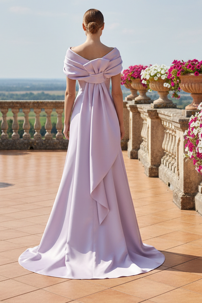 Off-The-Shoulder Satin Evening Gown with Back Bow