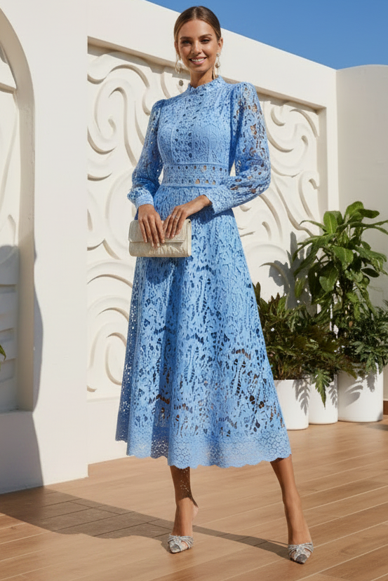High Neck Lace Midi Dress