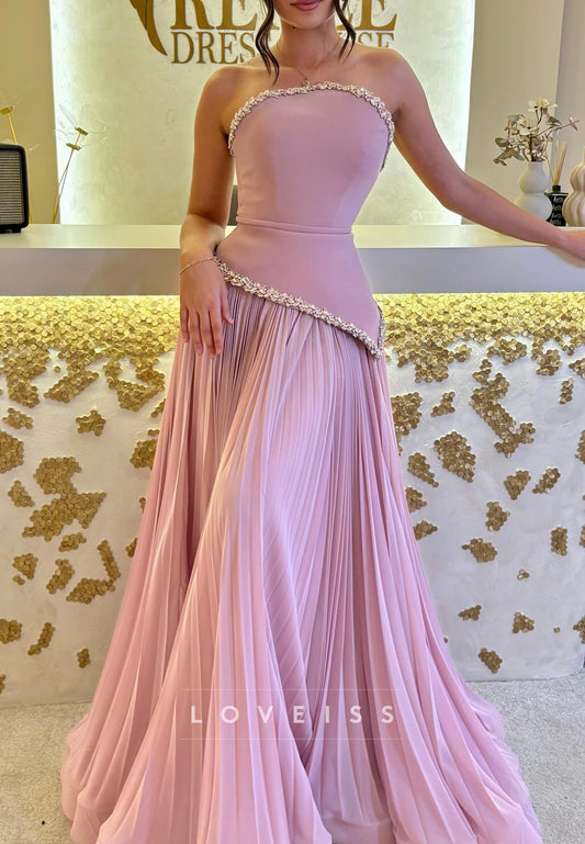Strapless Pleated Chiffon A-Line Evening Gown