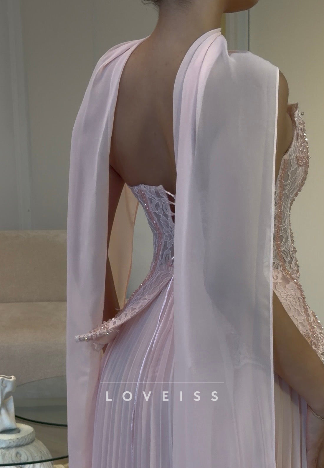 Corset Evening Gown with Pleated Skirt and Cape