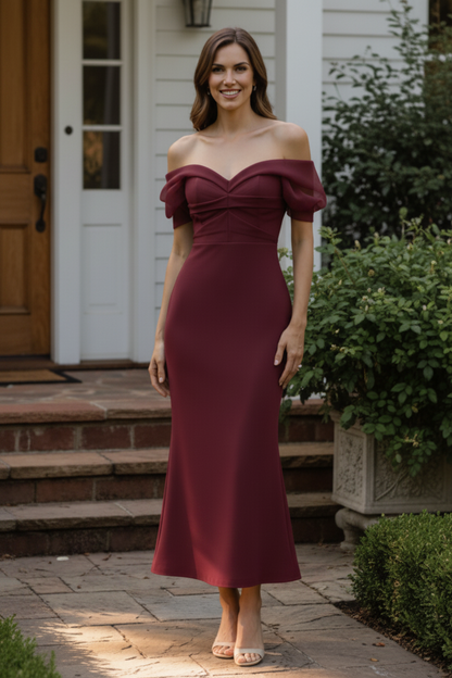 Off-the-Shoulder Ruched Bodice Evening Gown