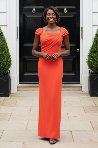 Asymmetric Pleated Cap Sleeve Column Maxi Dress