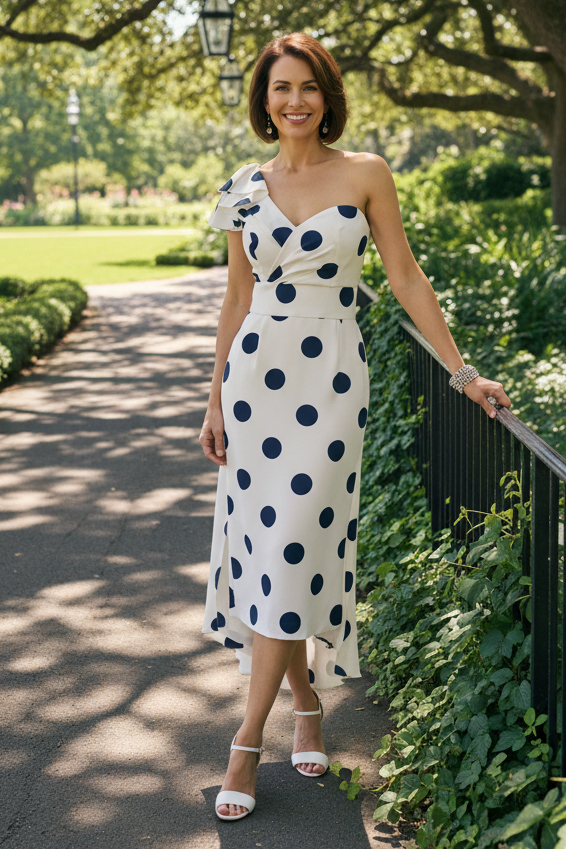 One-Shoulder Ruffle Polka Dot Midi Dress