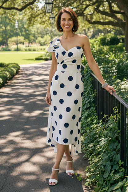 One-Shoulder Ruffle Polka Dot Midi Dress