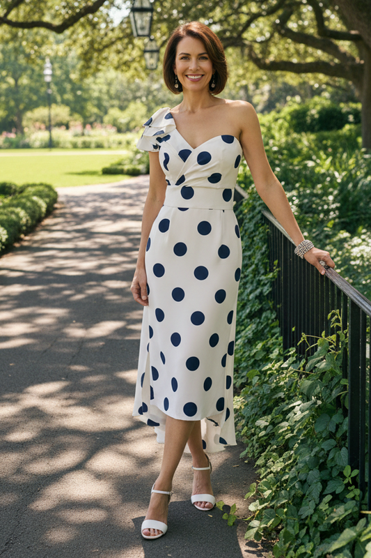 One-Shoulder Ruffle Polka Dot Midi Dress