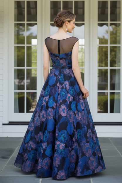 Floral Jacquard A-Line Evening Gown with Pockets