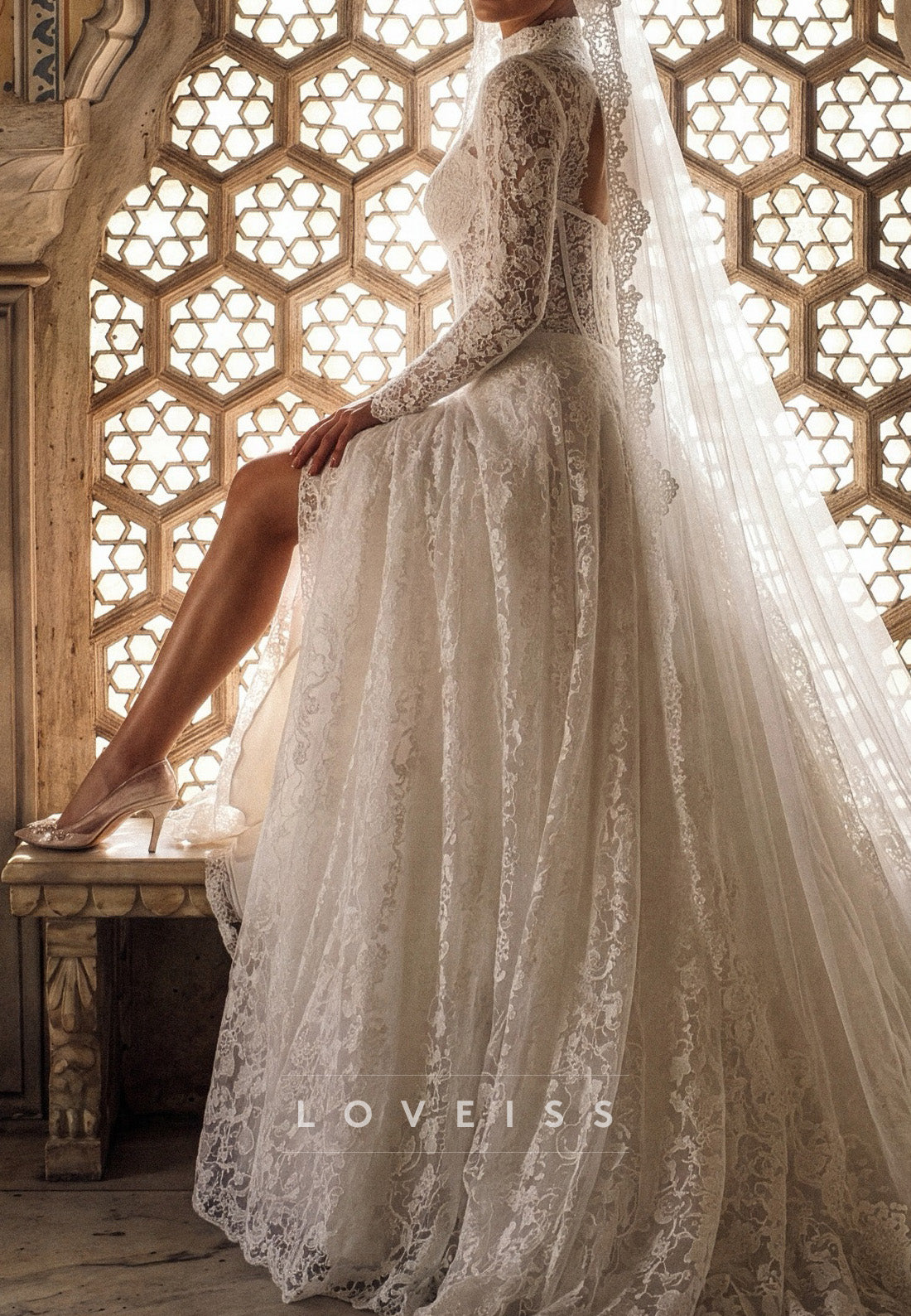High-Neck Lace Corset Wedding Dress with Slit