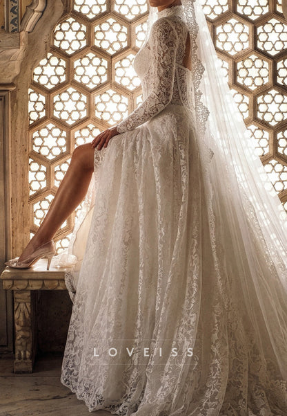 High-Neck Lace Corset Wedding Dress with Slit