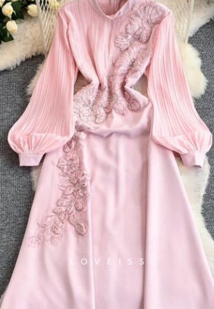 Floral Applique High Neck Pleated Sleeve Maxi Dress