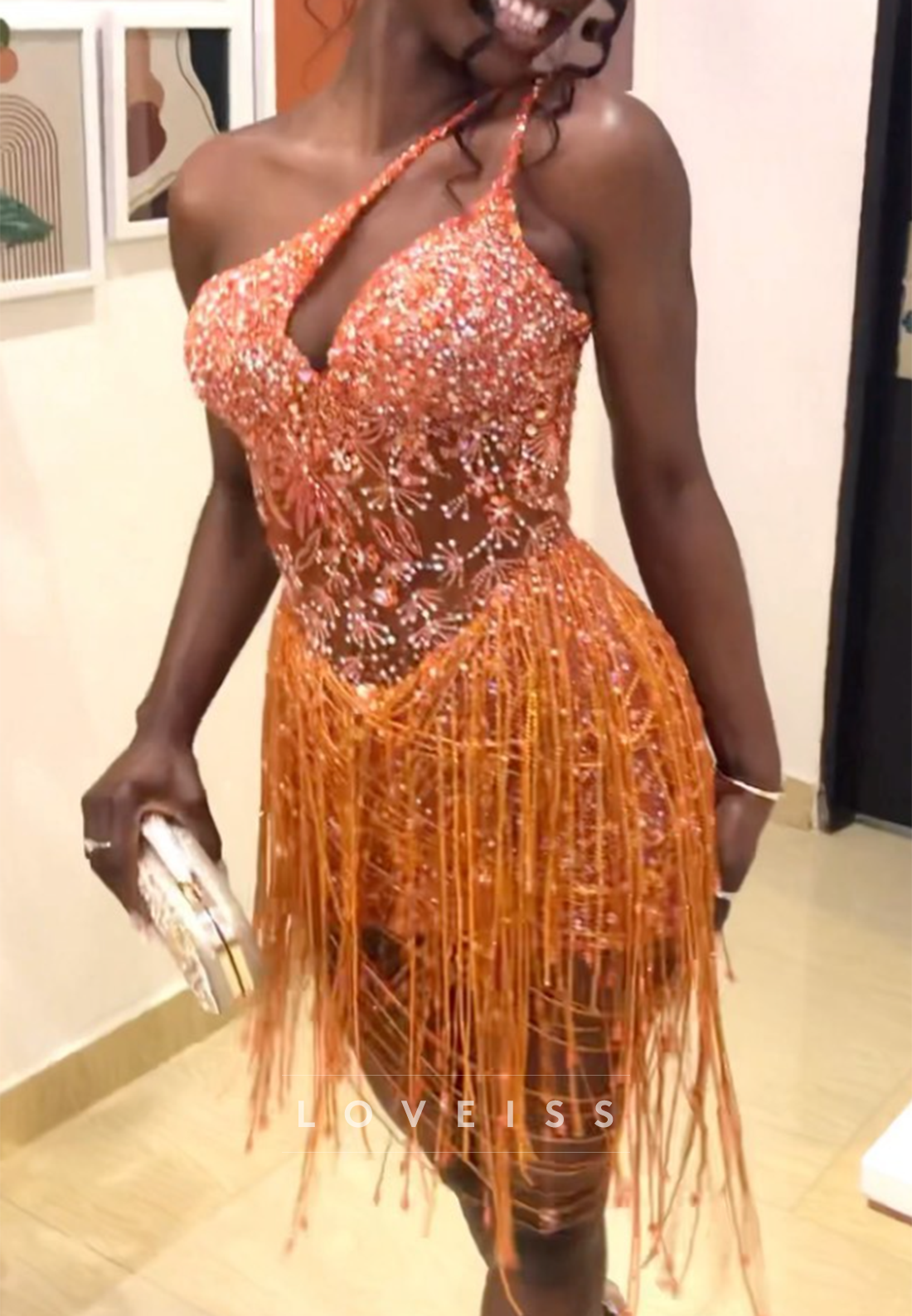Asymmetrical Beaded Fringe Cut-Out Mini Dress