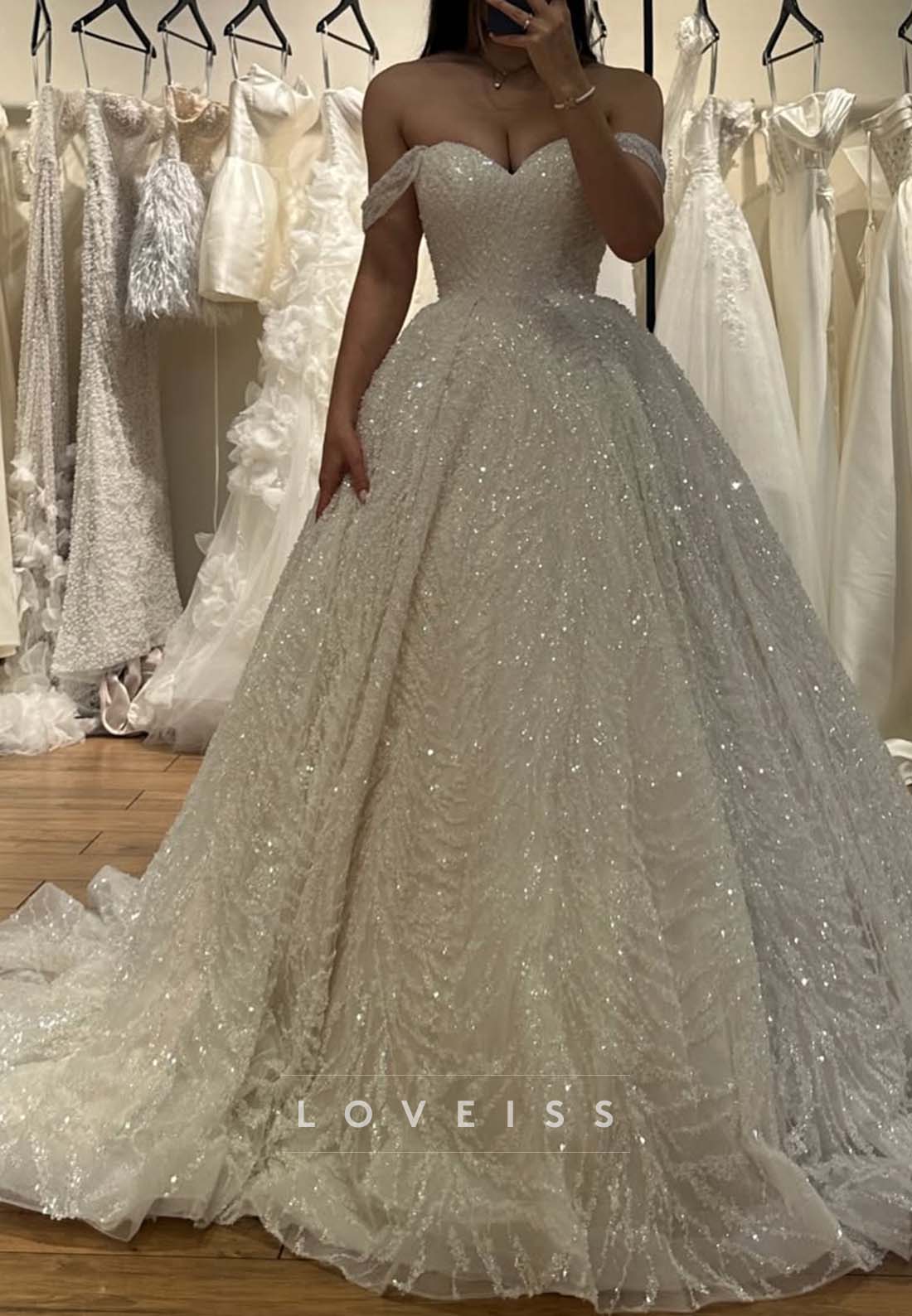Sequined Off-Shoulder Ball Gown Wedding Dress