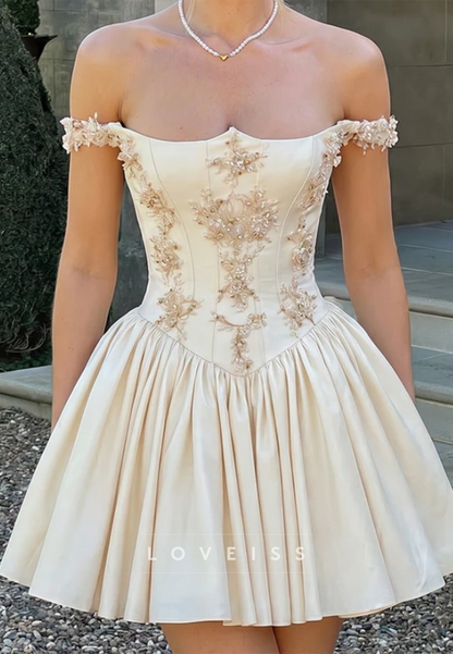 Off-Shoulder Beaded Applique A-Line Mini Dress
