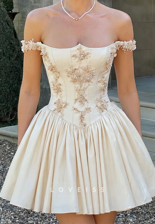 Off-Shoulder Beaded Applique A-Line Mini Dress