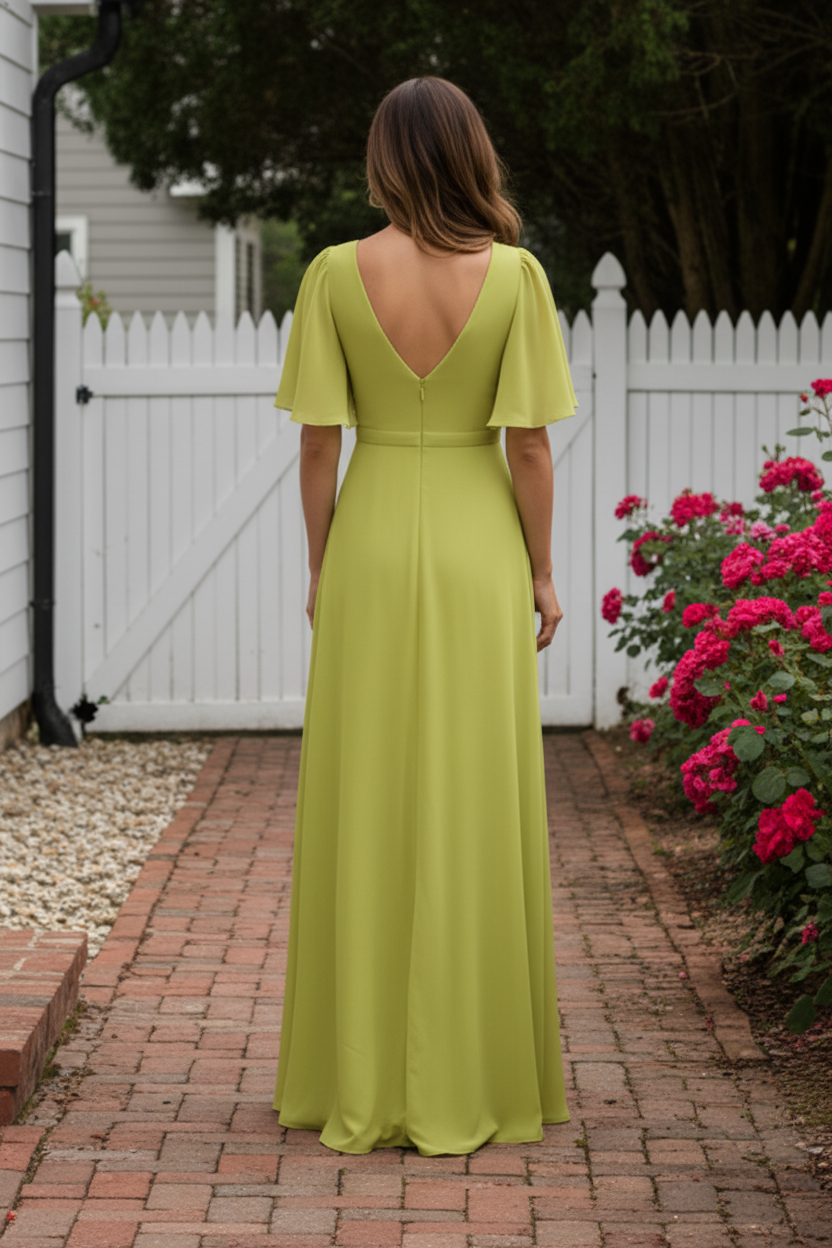 A-Line V-Neck Chiffon Maxi Dress with Flutter Sleeves