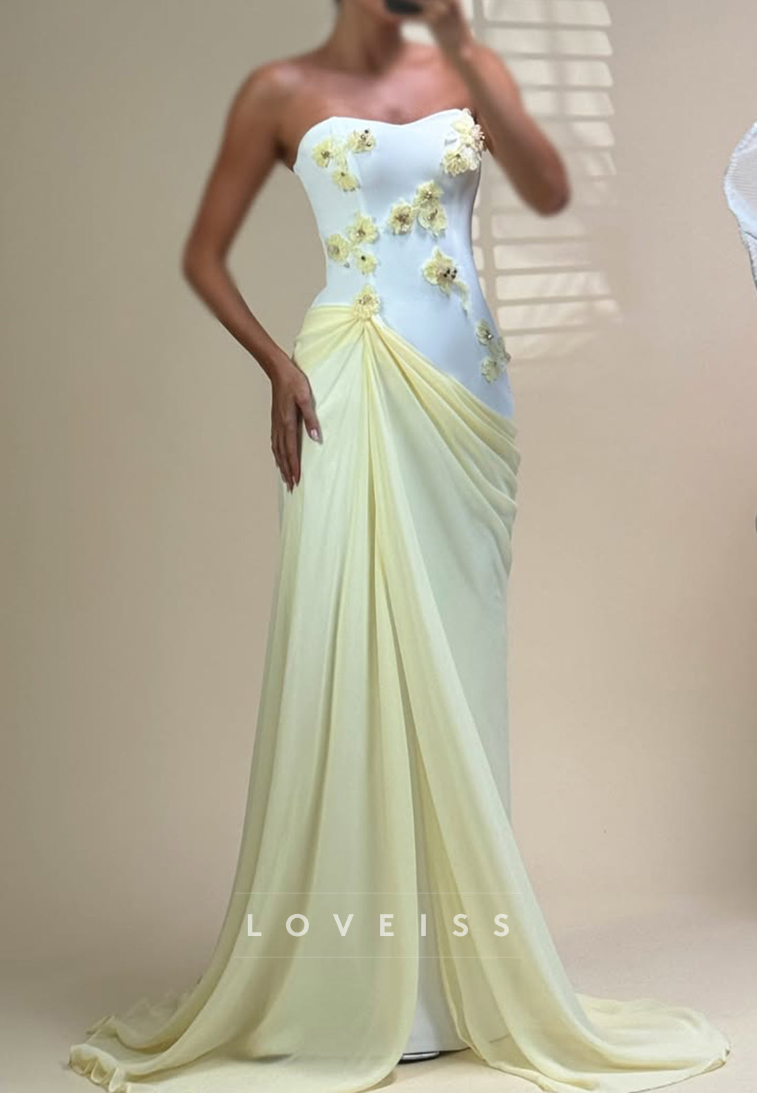 Strapless Floral Applique Gown with Draped Train