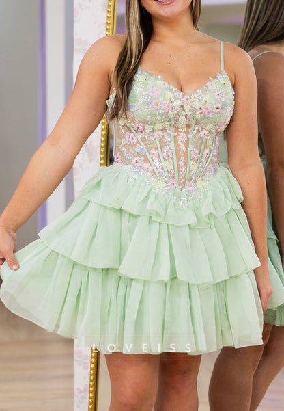Floral Applique Corset Tiered Ruffle Mini Dress