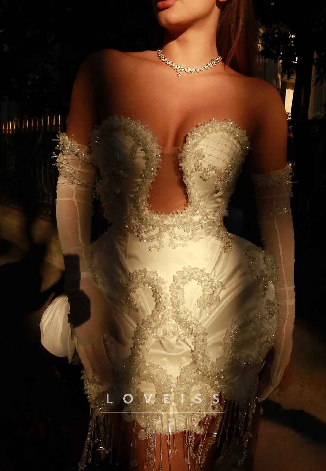 Strapless Beaded Corset Mini Dress with Fringe