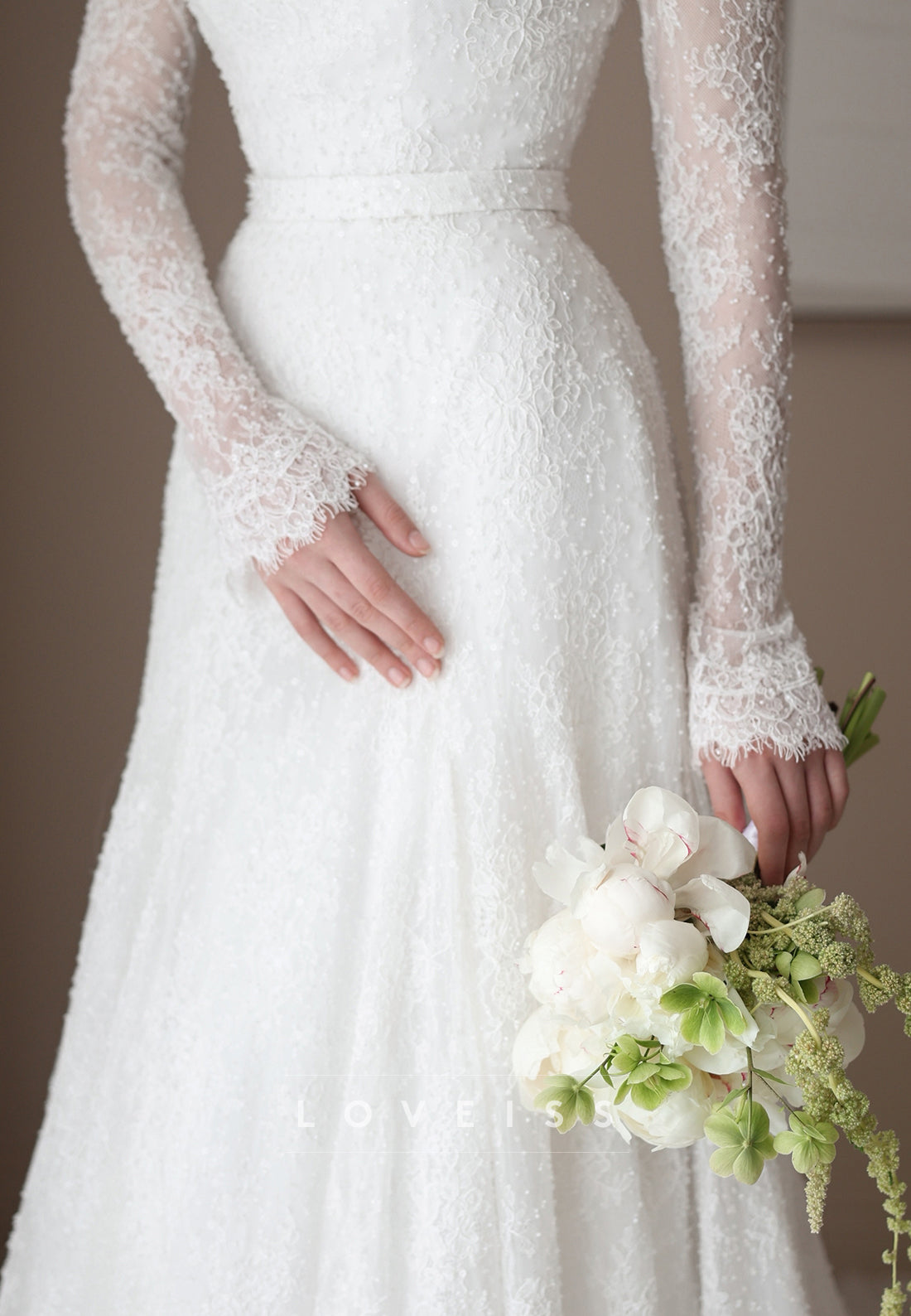 High-Neck Lace Fit and Flare Wedding Dress