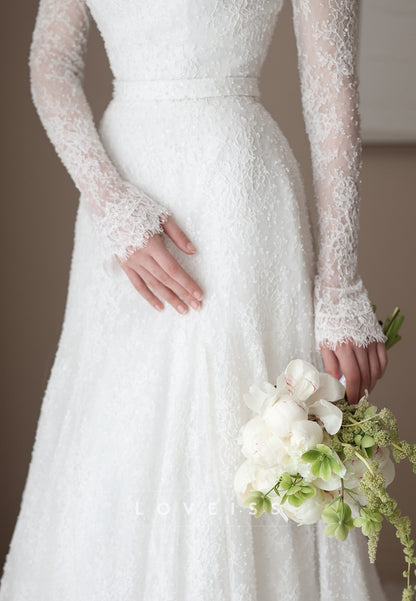 High-Neck Lace Fit and Flare Wedding Dress