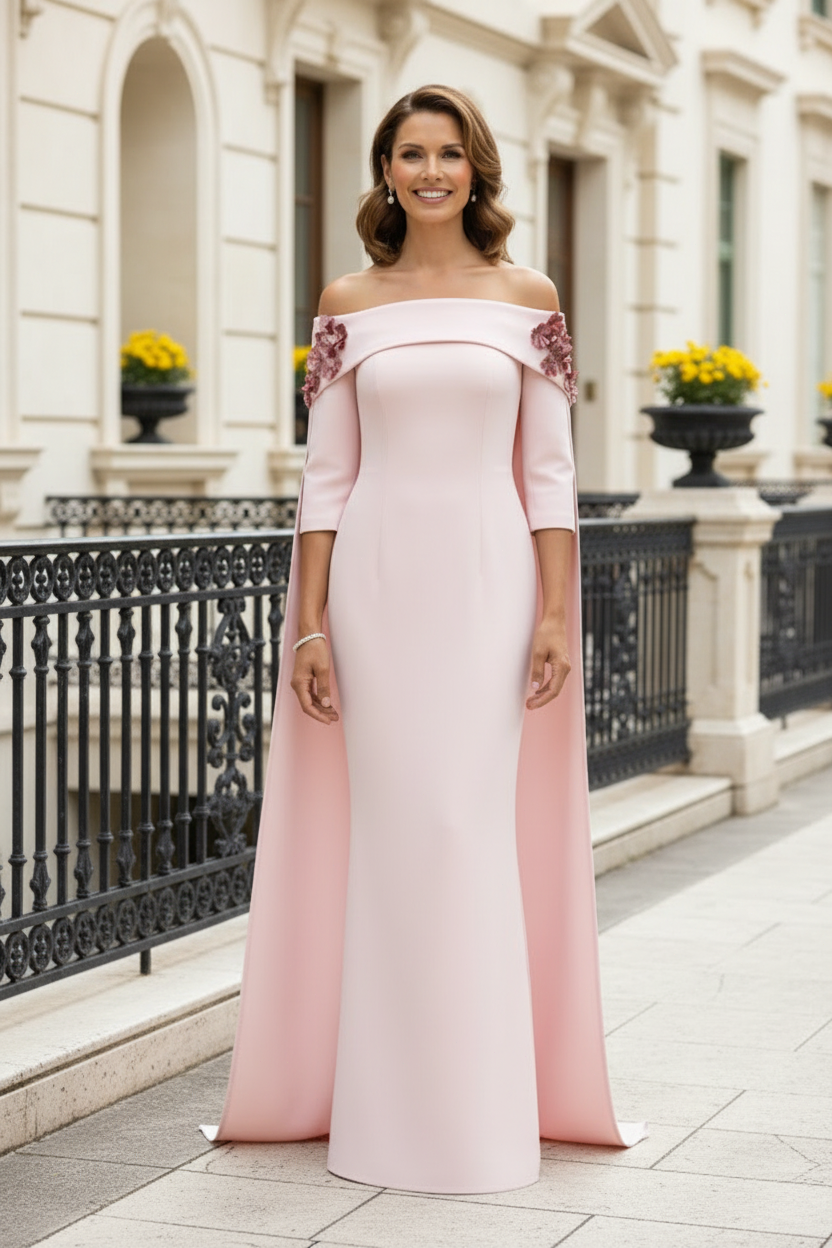 Off-the-Shoulder Cape Column Gown with 3D Flowers