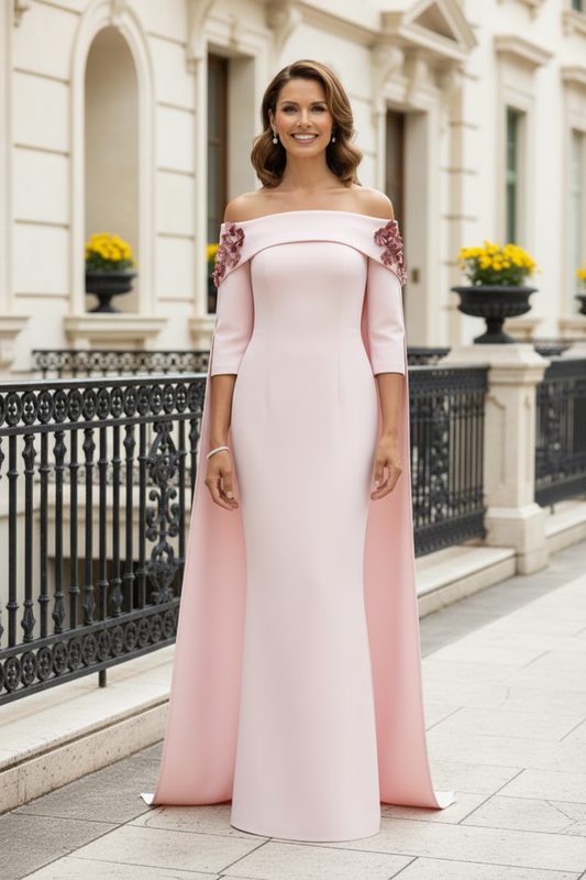 Off-the-Shoulder Cape Column Gown with 3D Flowers