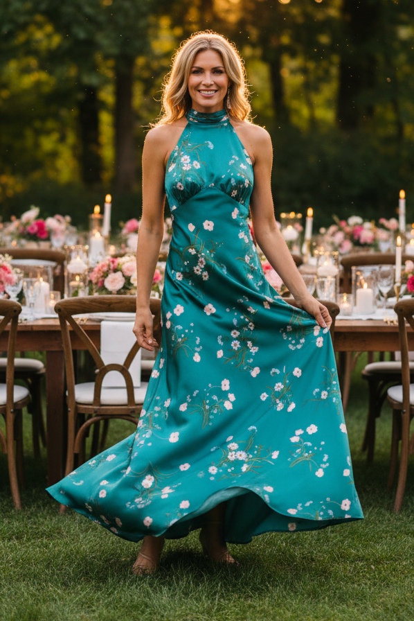 Floral Print Satin Halter Maxi Dress