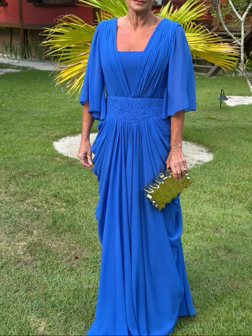 Pleated Bodice Gown with Flutter Sleeves