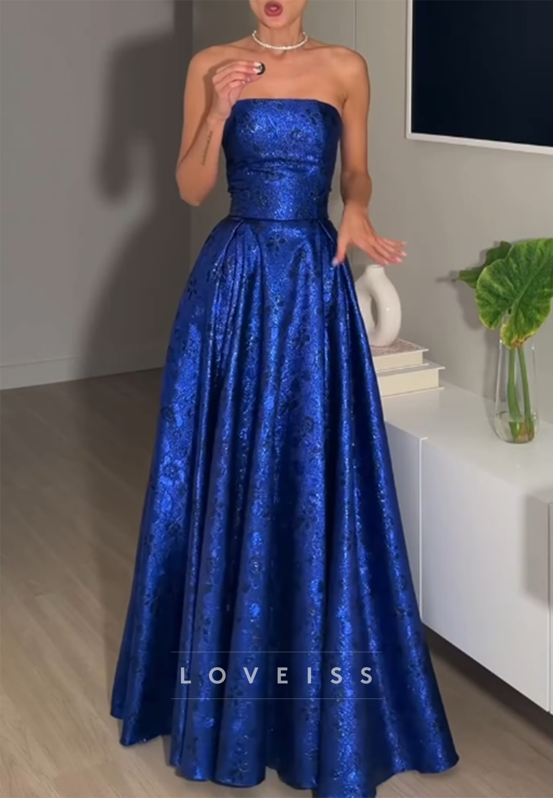 Strapless Jacquard A-Line Evening Gown