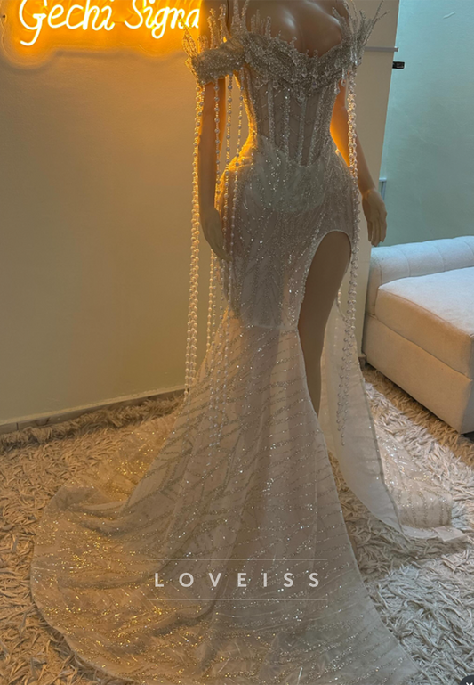 Corset Mermaid Gown with Beaded Fringe & Slit