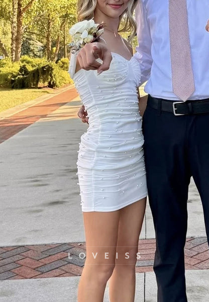 Off-the-Shoulder Ruched Pearl Bodycon Mini Dress