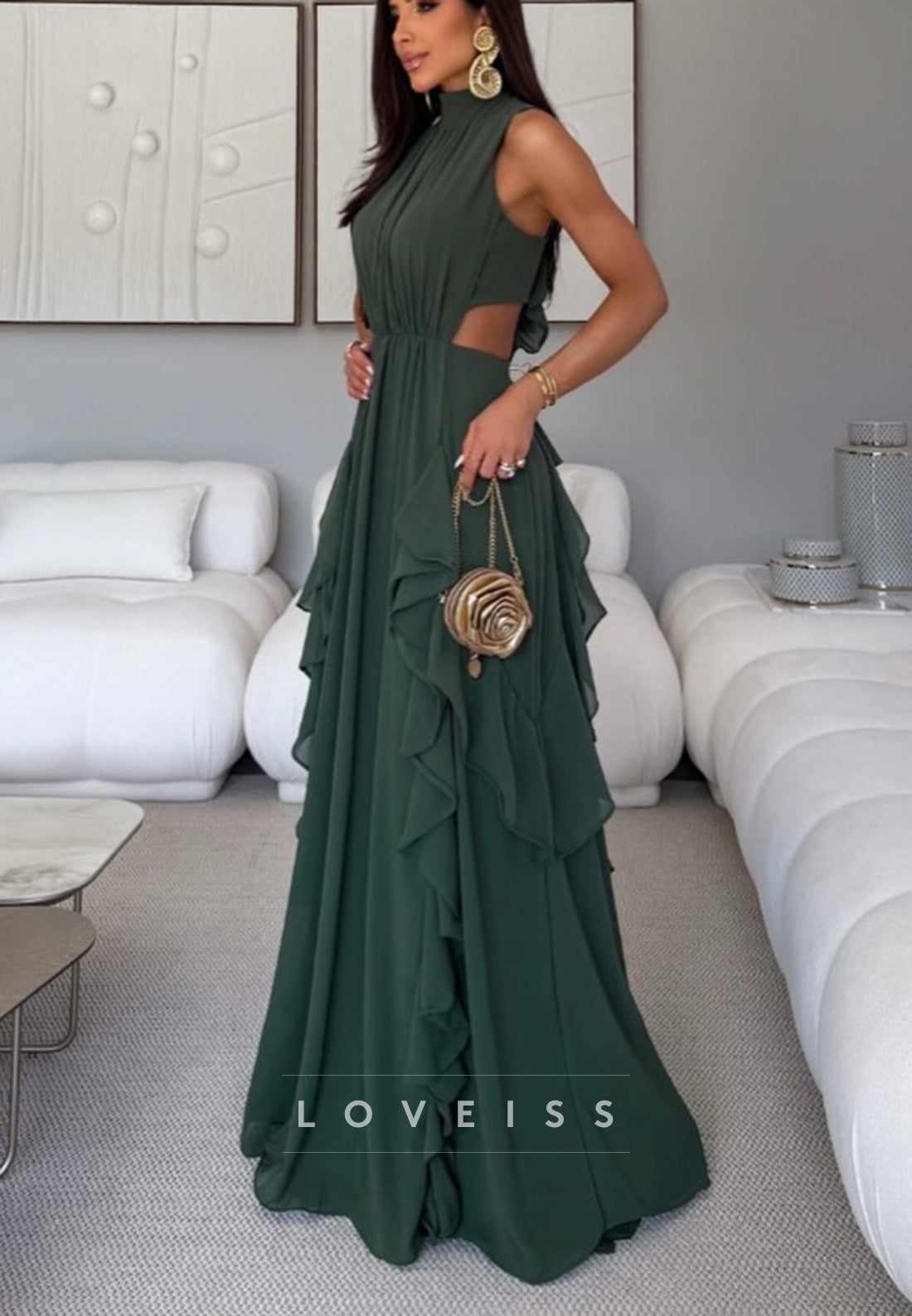 Halter Neck Ruffle Chiffon Backless Maxi Dress