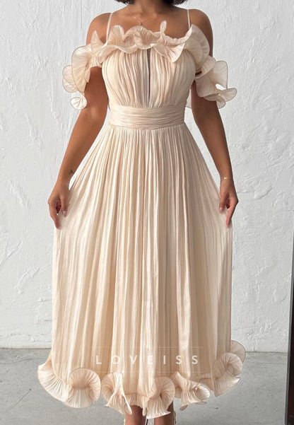 Off-the-Shoulder Pleated Ruffle Midi Dress