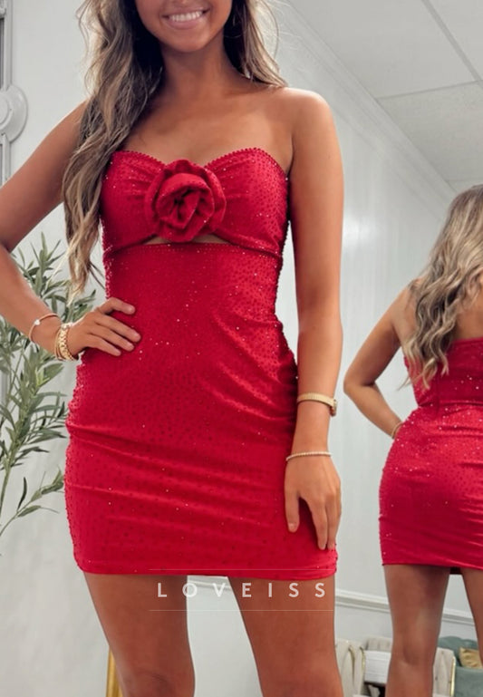 Strapless 3D Flower Cut-Out Bodycon Mini Dress