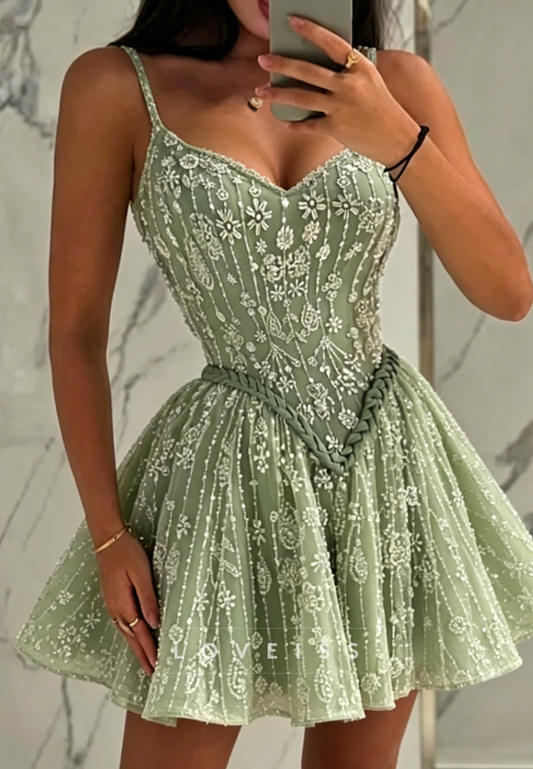 Beaded Embroidery Sweetheart A-Line Mini Dress