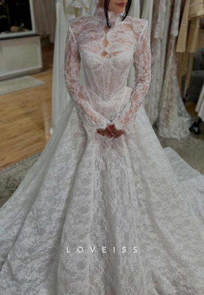 Long Sleeve High Neck Lace Ball Gown Wedding Dress
