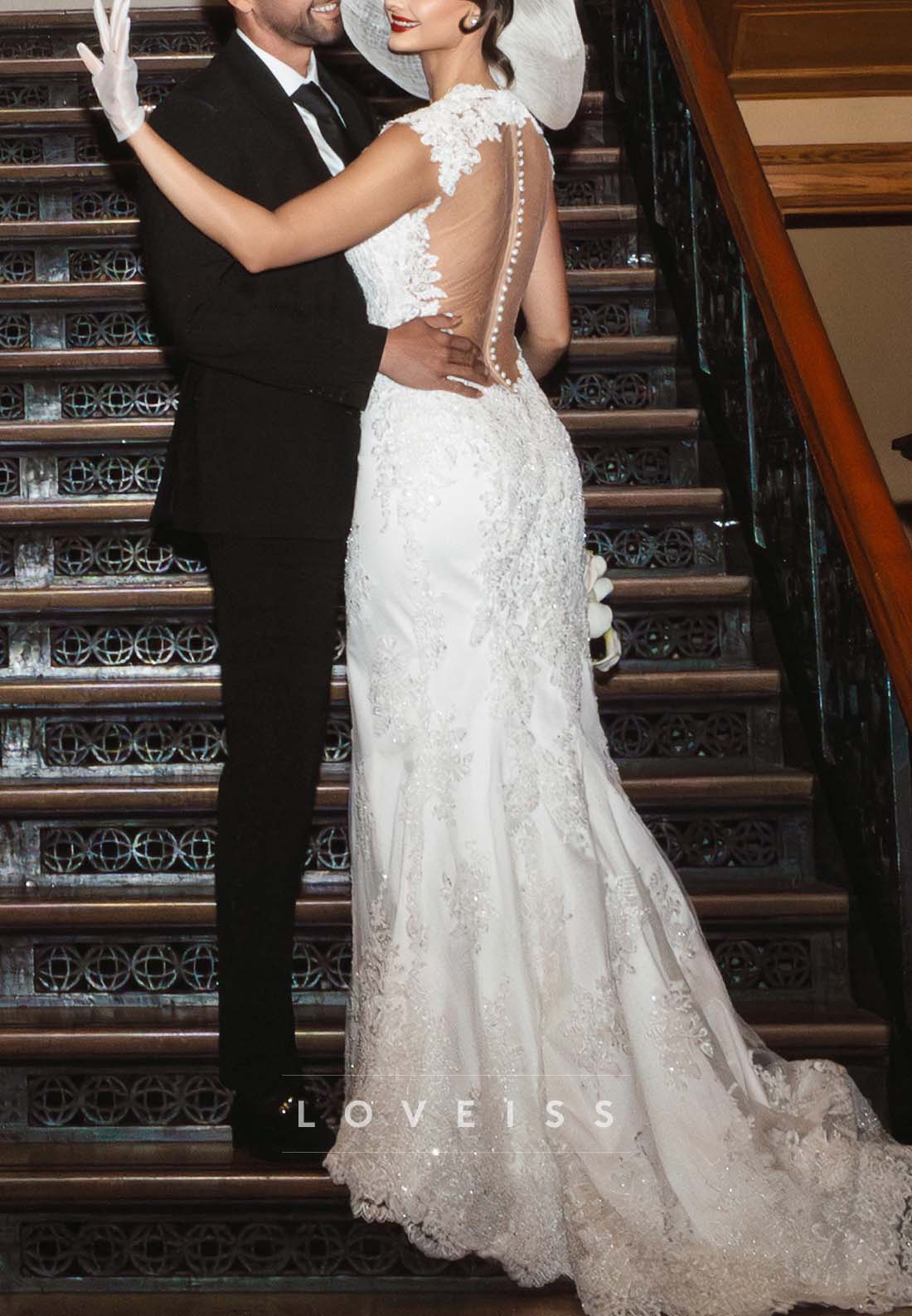 Lace Applique Mermaid Wedding Dress with Sheer Back