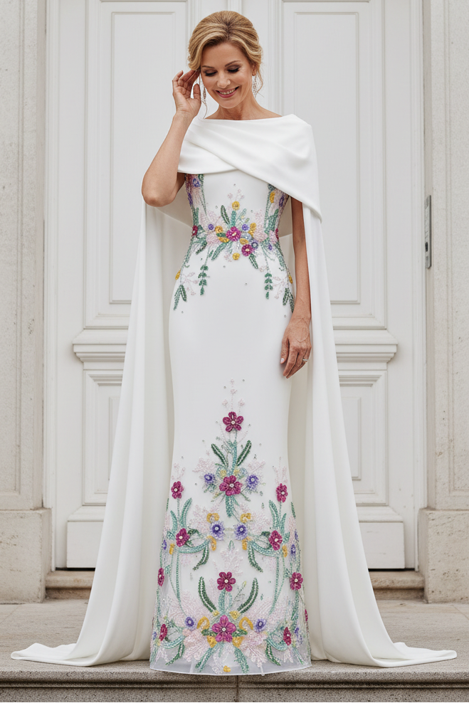 Floral Beaded Column Gown with Draped Cape