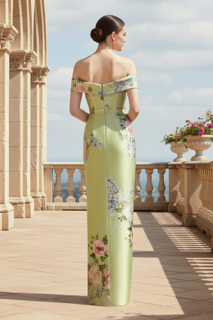 Off-the-Shoulder Floral Satin Column Gown