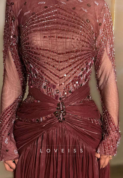 Beaded Long Sleeve Illusion A-Line Evening Gown