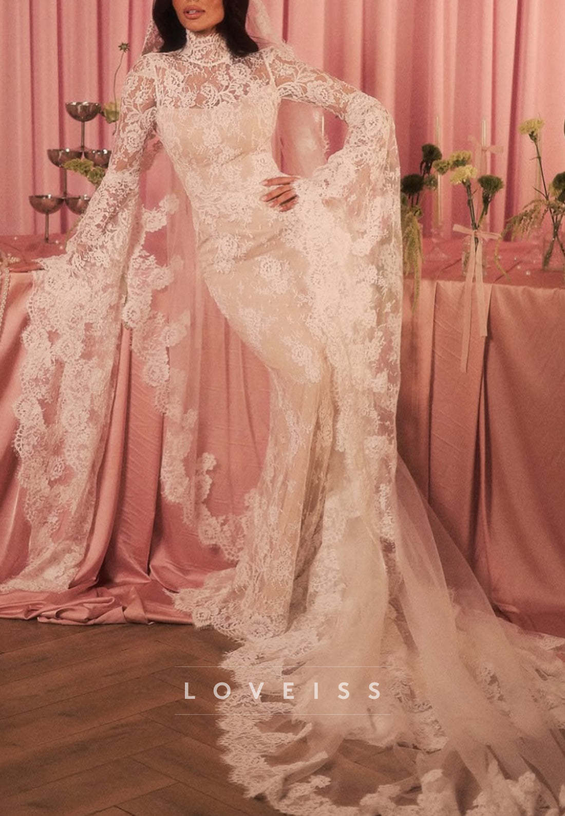 Lace High Neck Bell Sleeve Sheath Wedding Dress