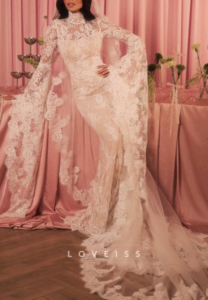 Lace High Neck Bell Sleeve Sheath Wedding Dress