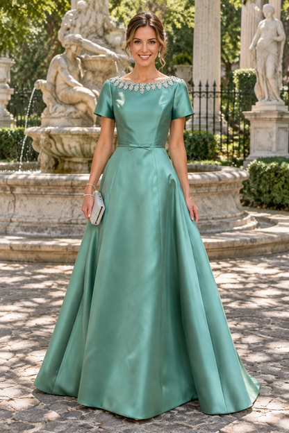 Beaded Collar Short-Sleeve Satin A-Line Gown