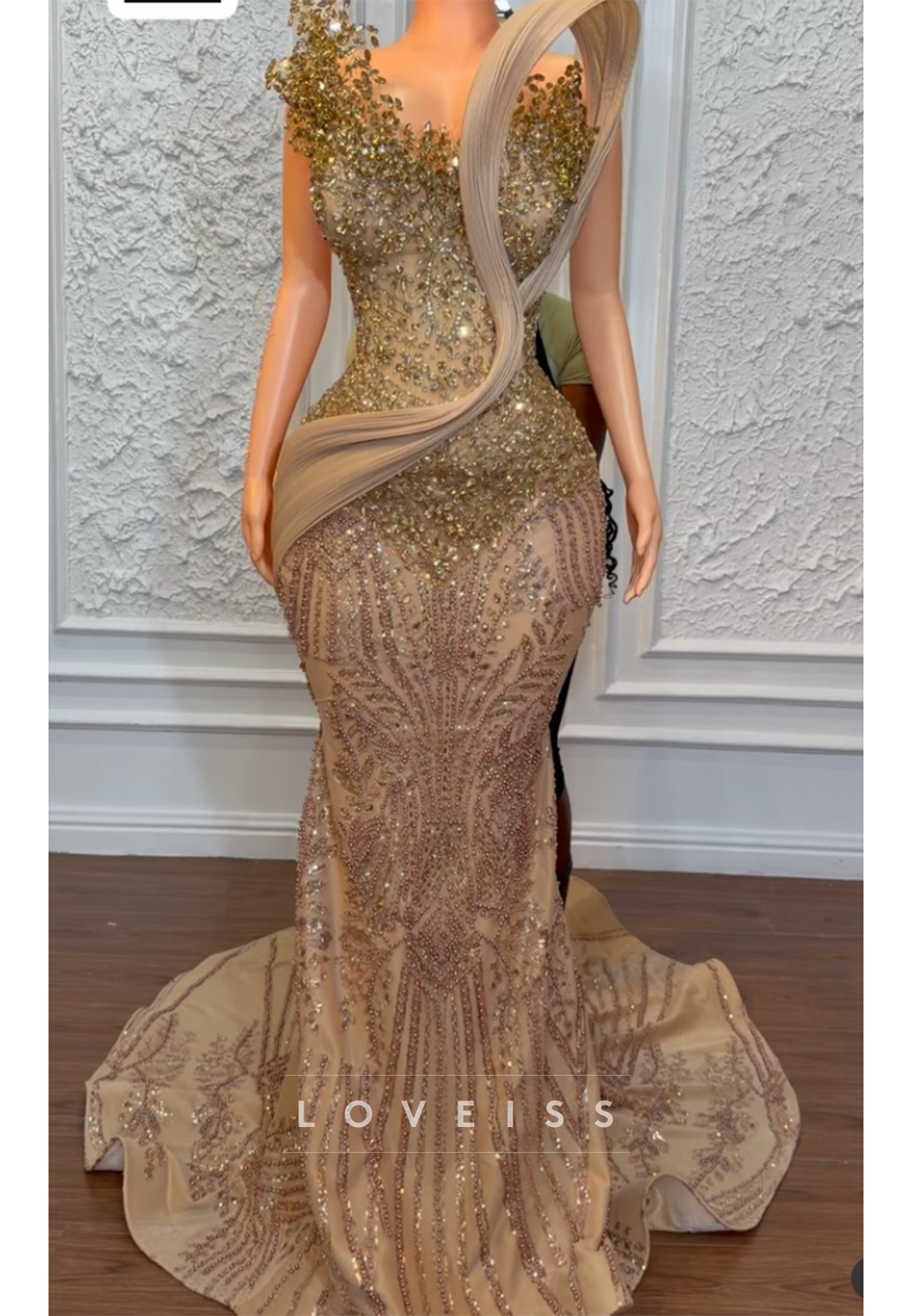 Beaded Mermaid Gown with Pleated Shoulder Accent