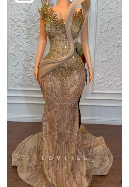 Beaded Mermaid Gown with Pleated Shoulder Accent