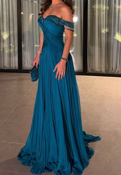 Off-the-Shoulder Beaded Fringe Pleated Gown
