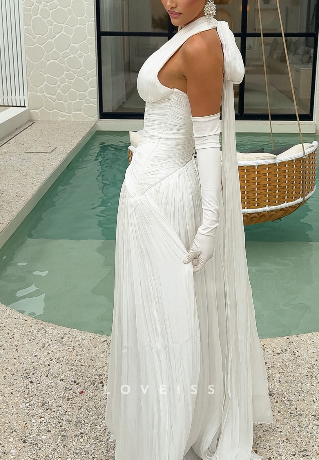 Ruched Halter Deep V-Neck Pleated Maxi Gown