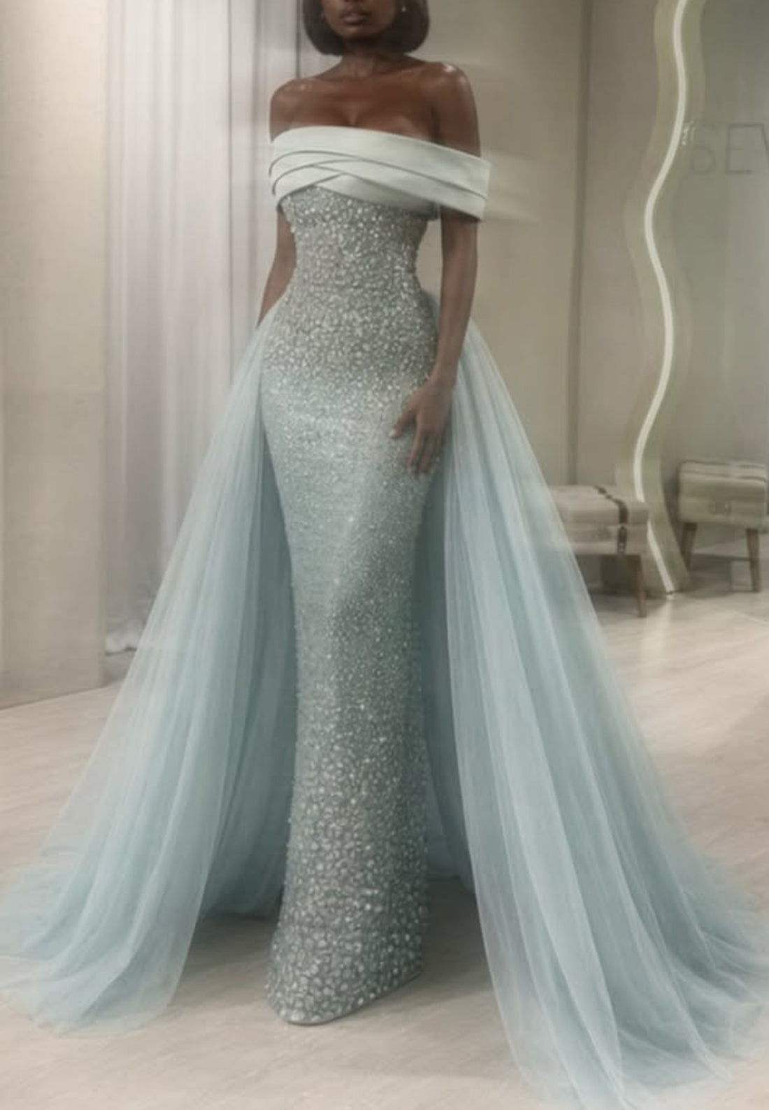 Off-the-Shoulder Beaded Gown with Tulle Overskirt